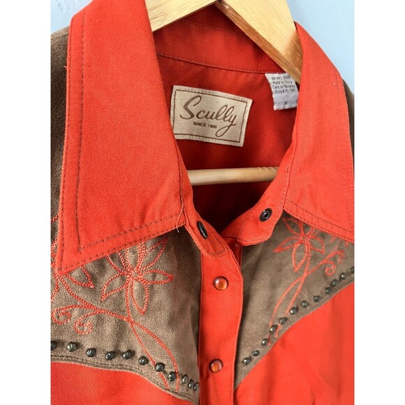 Scully Pearl Snap‎ Shirt Size M Burnt Orange Blue Brass & Embroidered Art Cowboy - Picture 3 of 12